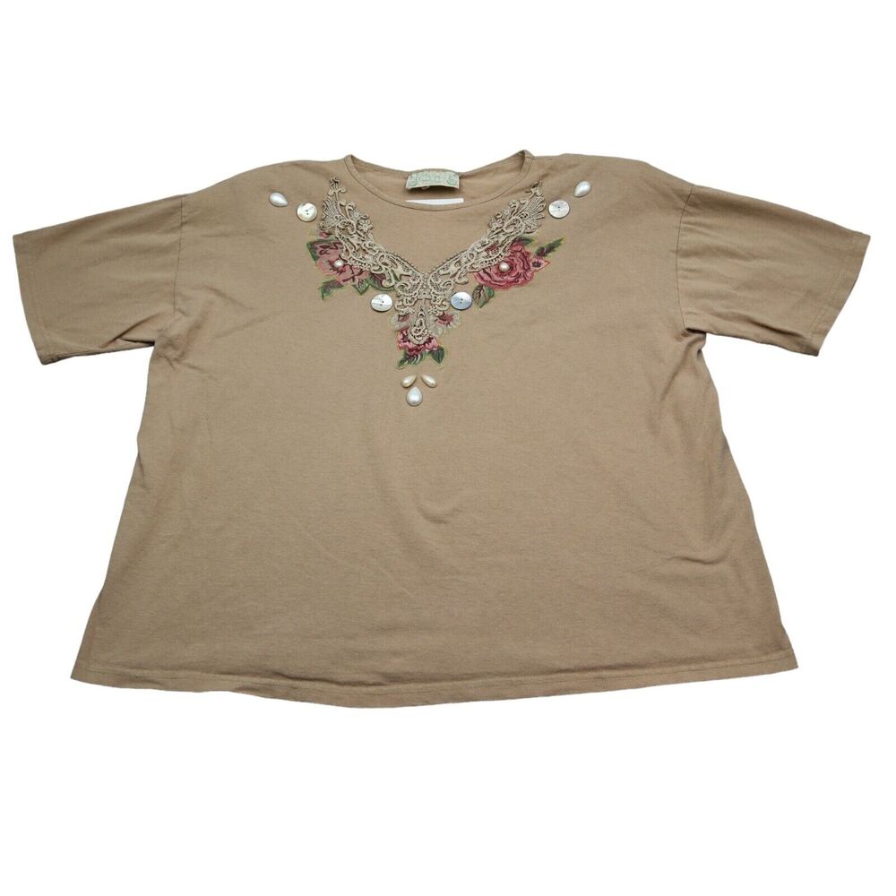 Entity Shirt Womens Brown Short Sleeve Boat Neck Floral Crochet Trim Casual Top